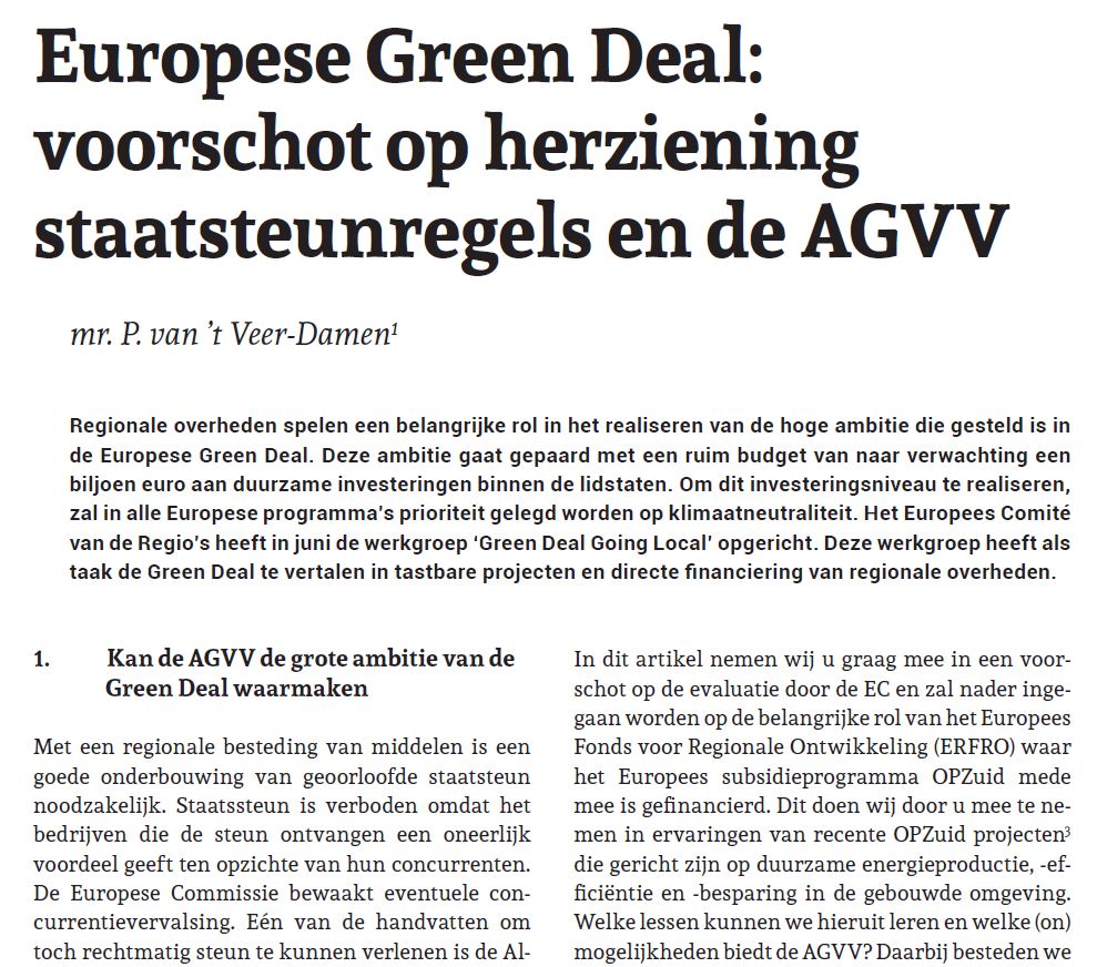 Afbeelding van het artikel in het Tijdschrift Staatssteun genaamd Europese Green Deal: voorschot op herziening staatsteunregels en de AGVV