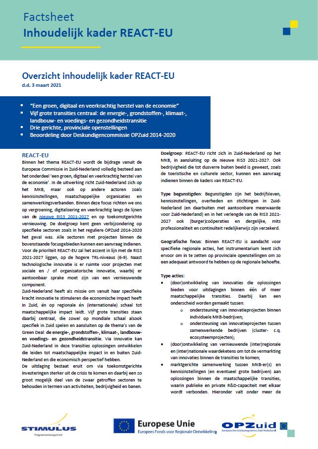 Afbeelding van de factsheet van het inhoudelijk kader voor REACT-EU