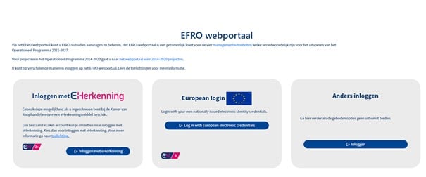 Dit een voorbeeld van de inlogmethodes in het EFRO webportal vanaf maart 2022.